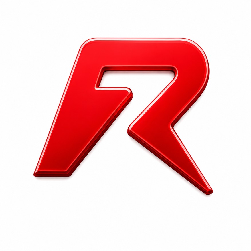 Modern glossy red Rokda7 gaming logo with a clean white background, suitable for gaming app, esports brand, and website icon.