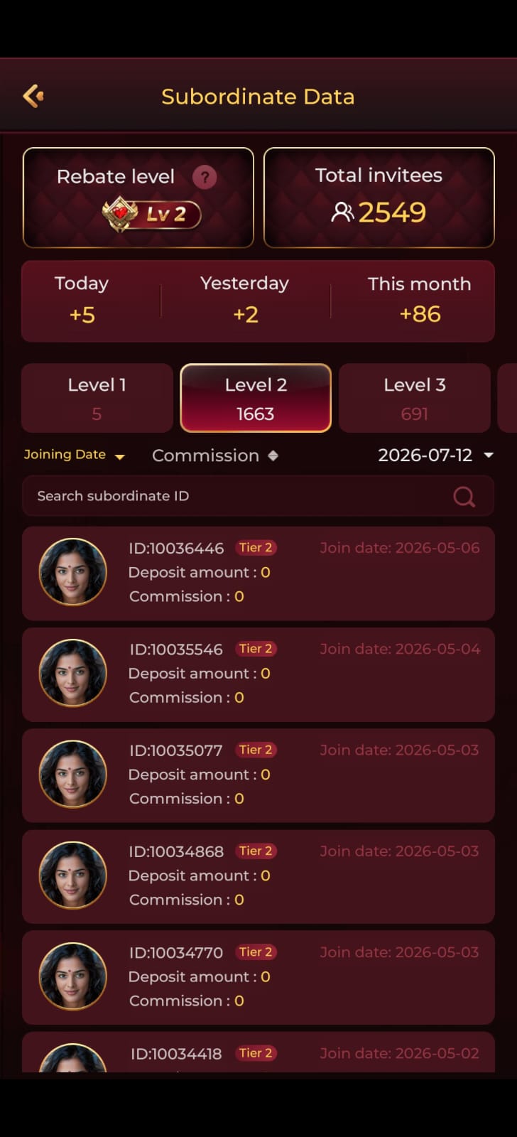 Rokda7 Game refer profile page showing referral code and invite friends option